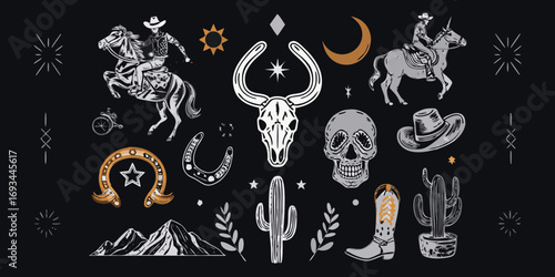 Western cowboy and desert elements collection with skull cactus and horseshoe on black background