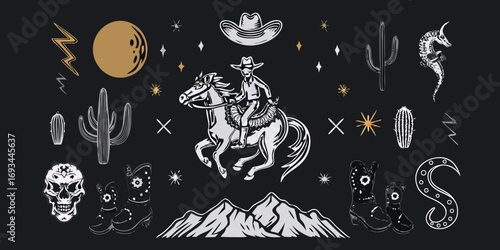 Whimsical western cowboy riding horse surrounded by desert elements and symbols
