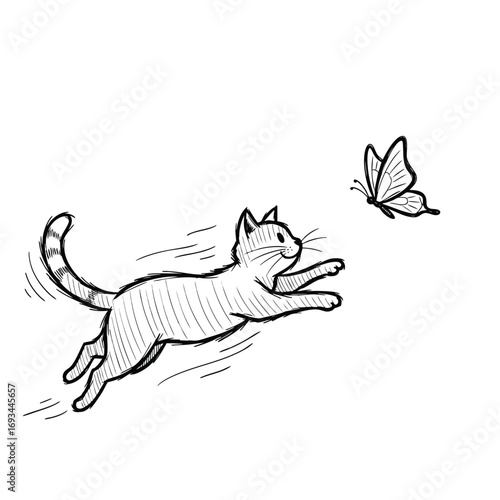 A handdrawn black and white sketch of a playful striped cat leaping to catch a butterfly.