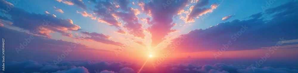 Obraz premium Serene twilight sky ablaze with vibrant blues and soft oranges as the sun dips below the horizon, painting the clouds with breathtaking hues , incredible, celestial, dusk