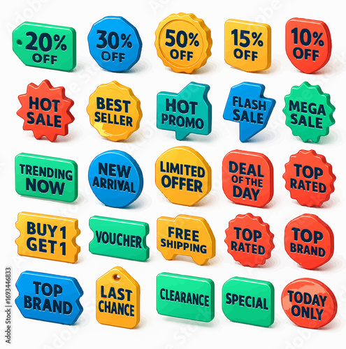 Collection of colorful sale tags and promotional labels with various discounts and offers.
