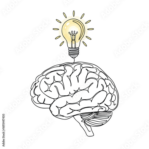 A single line drawing of a human brain connected to a glowing yellow light bulb symbolizing a new idea.