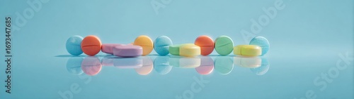 Symphony of medication: a visual display of health aids. Scifi poster. Enhanced details of vibrant medicine on a soft blue background. Movie artwork. Action poster.