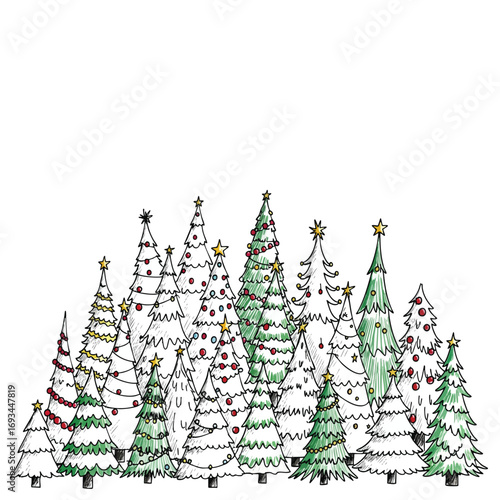 A whimsical handdrawn illustration of a forest of decorated Christmas trees with star toppers.