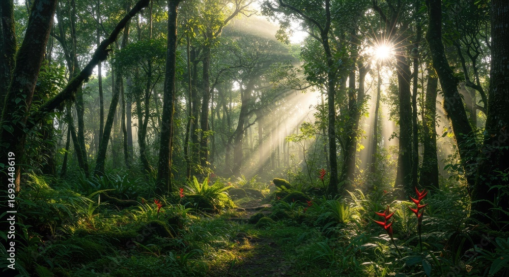 Fototapeta premium Enchanting Forest Path Bathed in Golden Sunlight Rays
