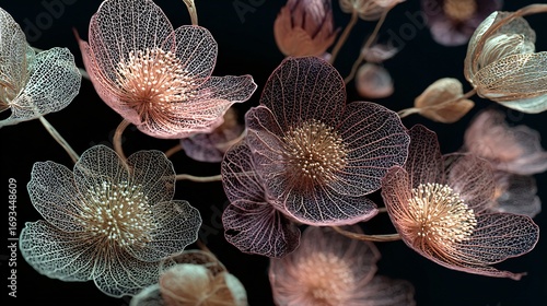 Delicate floral arrangement featuring patterned transparent blossoms with subtle glistening petals.