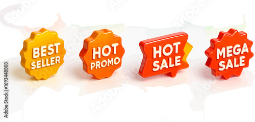 Four orange and yellow promotional sale badges.