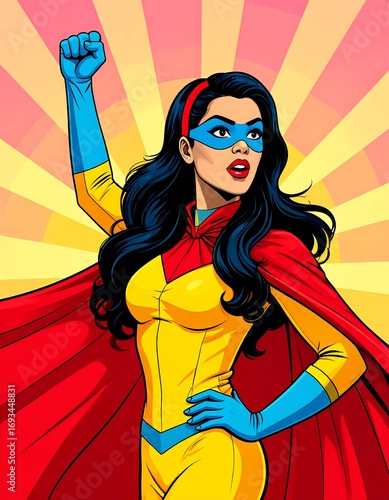 Powerful female superhero in vibrant comic book style