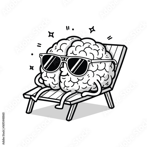 Cool cartoon brain character with sunglasses relaxing on a wooden lounge chair.