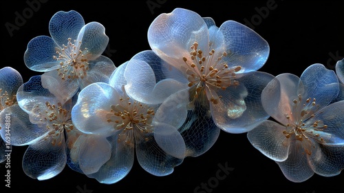 Intricate transparent flowers glisten with light, creating a delicate, patterned, ethereal aesthetic