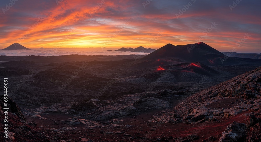 Fototapeta premium Fiery Sunset Over Volcanic Landscape with Lava Flow