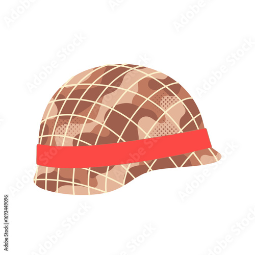 vector illustration of a modern combat helmet with a camouflage pattern and red band for a Veterans Day tribute to soldiers.
