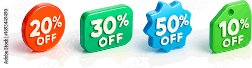 Four colorful 3D discount tags showing 10%, 20%, 30%, and 50% off, isolated on a white background.