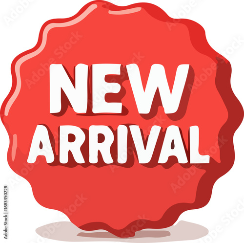 Red sticker with the words "NEW ARRIVAL" in a bold, white font.