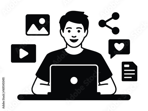 Creative content creator sharing digital media online with laptop and social icons, inspiring modern digital marketing success