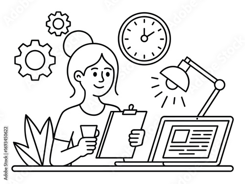 Focused businesswoman diligently working on laptop with clipboard and coffee in modern office, gears, and clock symbolizing productivity and deadlines
