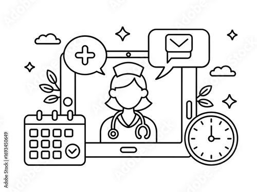 Modern telehealth consultation with doctor on tablet, featuring calendar, clock, and communication icons for convenient healthcare access