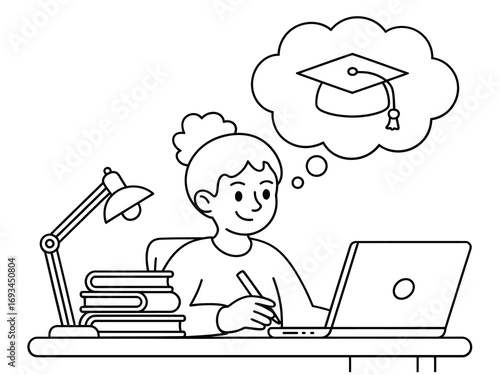 Dedicated student studies diligently on laptop dreaming of graduation success amidst books and bright desk lamp