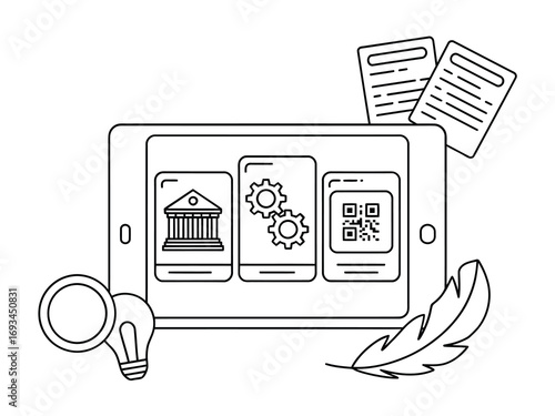 Digital transformation concept showcasing innovation through technology and data insights on a modern tablet display with icons representing finance, engineering, and connectivity.