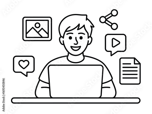 Young person happily engaging with digital content creation and social media sharing on laptop, surrounded by icons for images, likes, video, and documents.