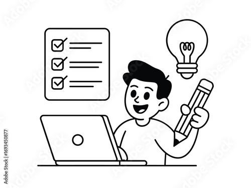 Enthusiastic young person with laptop, checklist, and bright idea lightbulb, celebrating progress and creativity in a modern workspace.