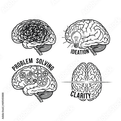 Set of four conceptual brain illustrations depicting mental processes from confusion to clarity including ideation and problem solving.