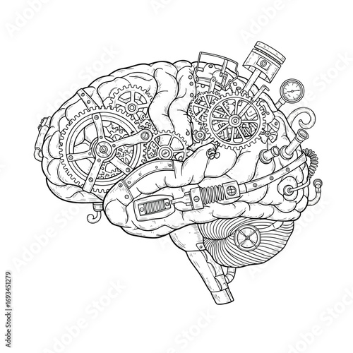 Steampunk mechanical brain illustration with intricate gears cogs and a piston.