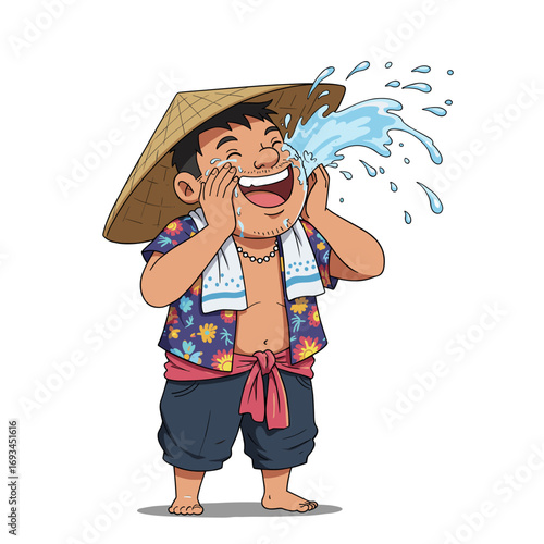 A person wearing a red shirt and white headband is smiling while washing their face, with water splashing around in a lively moment of refreshment.