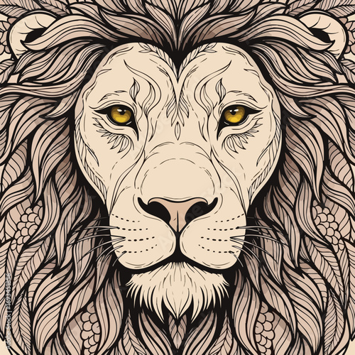 Symmetrical portrait of a majestic lion with an ornate patterned mane and golden eyes.