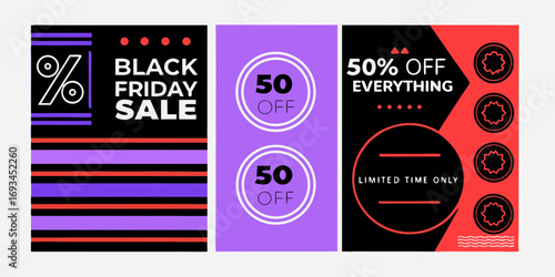 Modern black friday sale advertisement with 50 percent off offers and limited time promotions