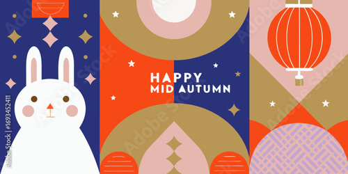 Happy mid autumn festival greeting card with cute rabbit and traditional lantern in abstract geometric design