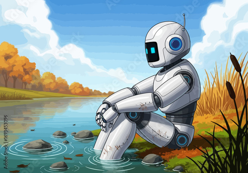 Robot sitting by a lake in autumn pixel art