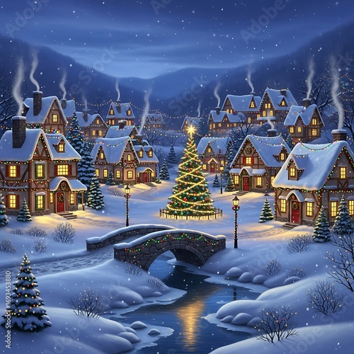 A charming winter village scene at night, adorned with festive Christmas lights and snow-covered homes.