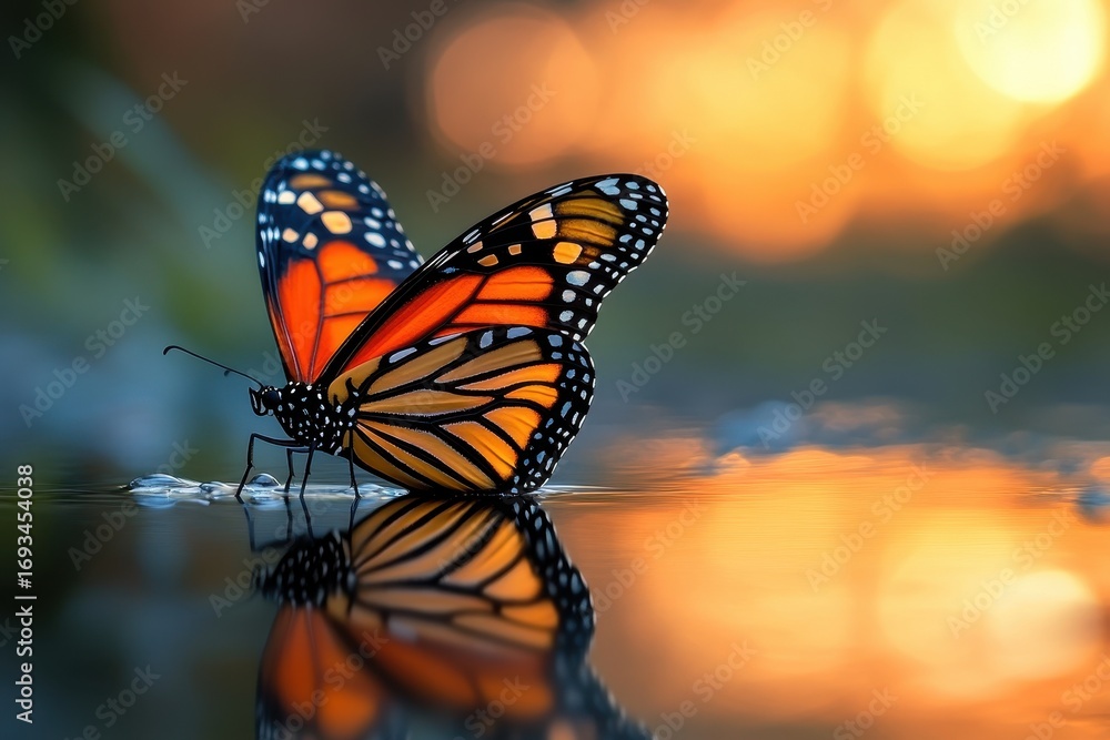 Fototapeta premium Monarch Butterfly Wings Reflecting Tropical Sunset