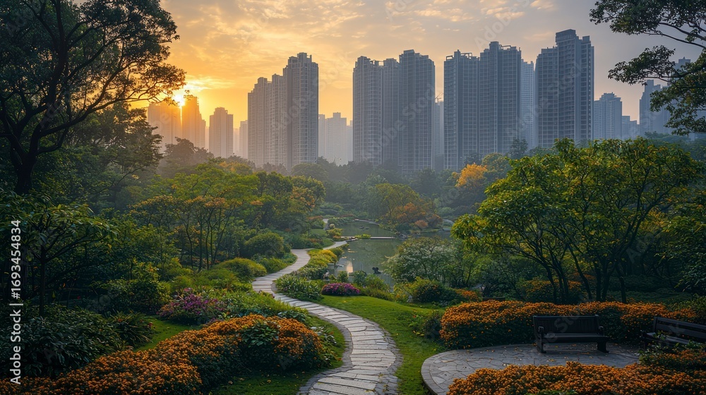Obraz premium Serene park path winds through lush gardens towards a hazy city skyline at sunrise