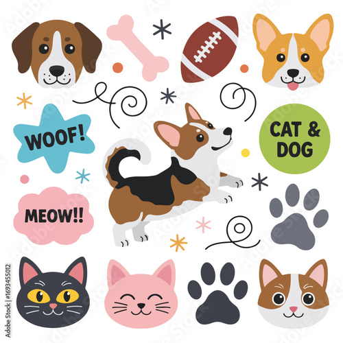 Cute cat and dog illustration set