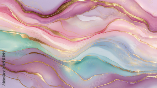 Wallpaper Mural Pastel Pink and Aqua Alcohol Ink Abstract with Gold Veins – Luxury Fluid Art Painting. Generative AI. Torontodigital.ca
