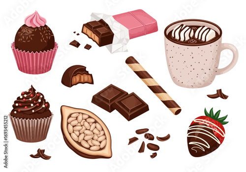 Assortment of chocolate desserts and ingredients