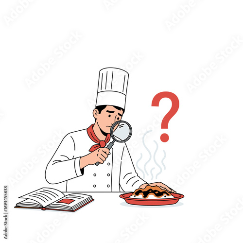 Chef Inspecting Dish with Magnifying Glass, Question Mark, Cookbook.
