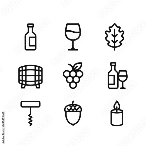 Fall grape and winery icons collection. Outline symbols. Line design