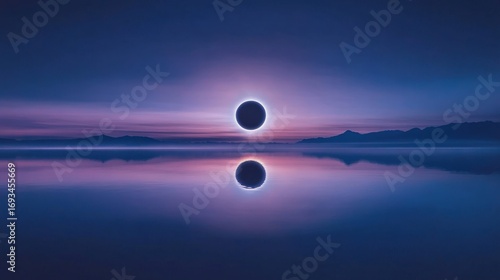 Total solar eclipse reflected in tranquil water at dusk