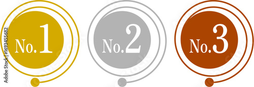 シンプルな金銀銅のランキングアイコンセットベクター素材｜1位2位3位の丸いメダル風デザイン - Simple Gold Silver Bronze Ranking Icons Vector Set | Round Medal Style No.1 No.2 No.3 Design