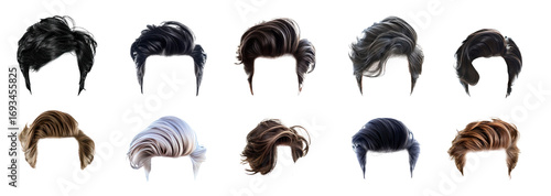 Plakat w ramie Collection of short stylish men hair wig, fashionable hairstyle isolate on transparency background