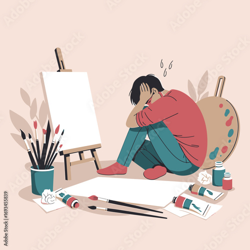 Depressed Artist Sitting on Floor Surrounded by Art Supplies.
