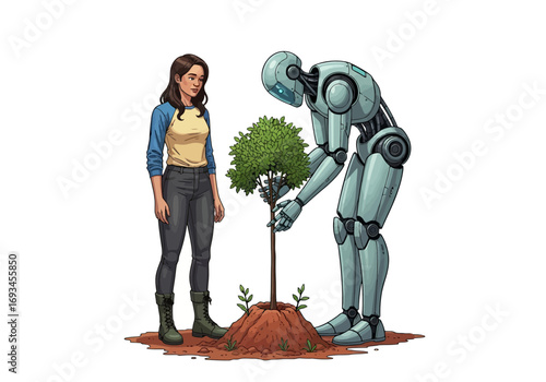 Robot and woman planting a tree together