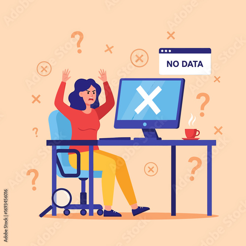 Frustrated Woman Reacts to Computer Error, Displaying No Data Message.