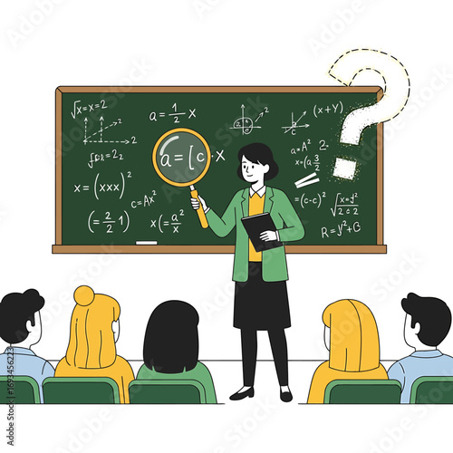 Teacher Explaining Math with Magnifying Glass in Classroom, Question Mark.