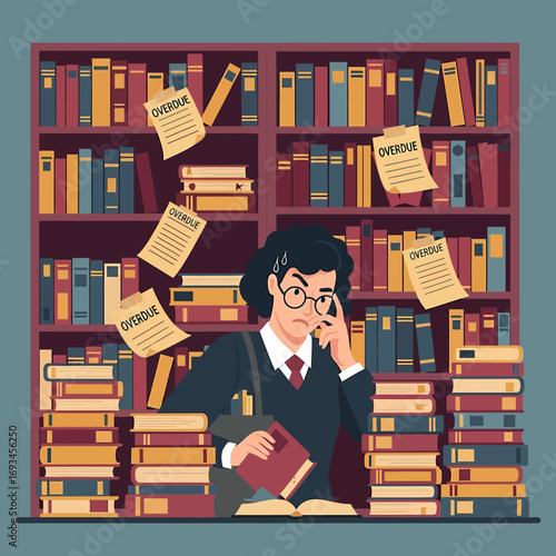 Thoughtful student with glasses, surrounded by stacks of books and flying overdue slips.