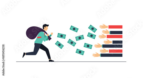 Man running with money bag pursued by reaching hands seeking wealth opportunities and financial gain