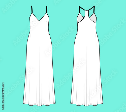 Women's Sleeveless Nightwear Slip Dress Fashion Flat Sketch Technical Outline.